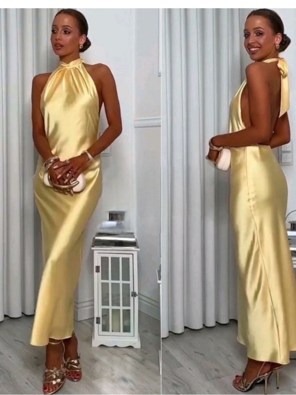 Zara Satin Backless Halter Slip Dress in Pale Yellow